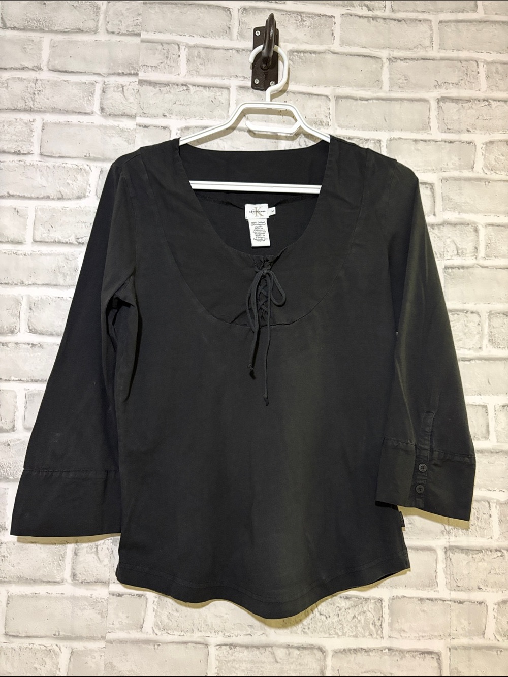 Calvin Klein Jeans Black Lace-Up Scoop Neck Long Sleeve Top, Medium